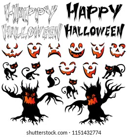 Stylized silhouettes set for happy Halloween isolated on the white background, black and orange vector for design postcards and posters