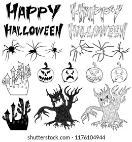 Stylized silhouettes set for happy Halloween isolated on the white background, black vector for design postcards and posters