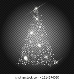 Stylized Silver Christmas tree on transparent background. Bright shiny design. Symbol of Happy New Year, Merry Christmas holiday celebration. Silver glitter light decoration. EPS10