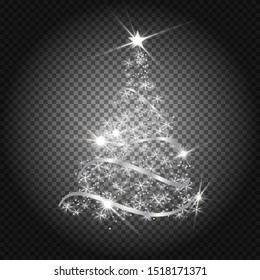Stylized Silver Christmas tree on transparent background. Bright shiny design. Symbol of Happy New Year, Merry Christmas holiday celebration. Silver glitter light decoration. EPS10