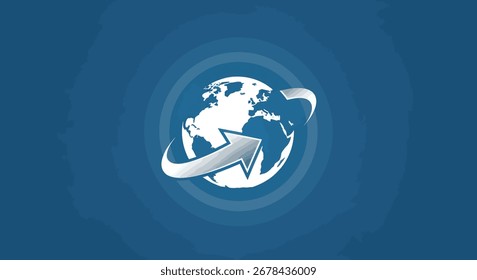 Um globo de prata estilizado com uma seta ao redor, sugerindo conectividade e progresso globais.