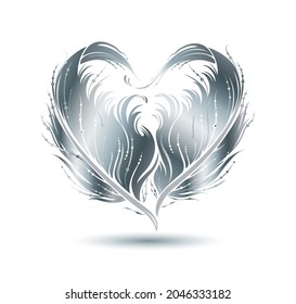 Stylized Silver heart made by bird feather silhouette. Vector art for emblem, icon, greeting card, love concept, accessories, beauty, fashion decoration. Design element isolated on white background