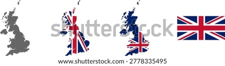 Stylized Simple Basic United Kingdom Map including Great Britain and Northern Ireland and Union Jack UK Flag Icon Set. Vector Image.