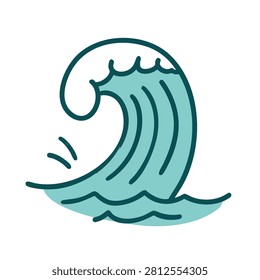 A stylized simple graphic of a breaking ocean wave with a clean outline and soft blue fill