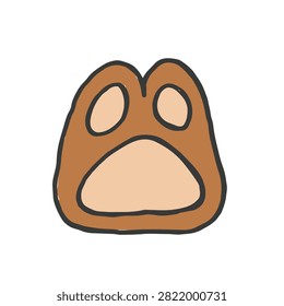 A stylized and simple hand-drawn illustration of a bear paw print featuring brown tones and soft rounded shapes in a clean flat design style