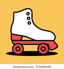 Eine stilisierte, einfache Illustration eines weißen Rollschuhs mit roten Akzenten auf gelbem Hintergrund. Der Rollschuh ist in Seitenansicht dargestellt und zeigt seinen Schuh, seine Räder und seinen Boden.