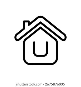 A stylized, simple outline icon of a house, complete with a pitched roof and a chimney, presented clearly on a plain white background, representing home.