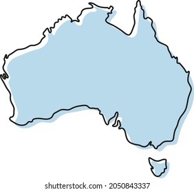 Stylized simple outline map of Australia icon. Blue sketch map of Australia vector illustration