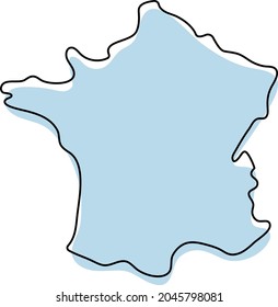 Stylized simple outline map of France icon. Blue sketch map of France vector illustration