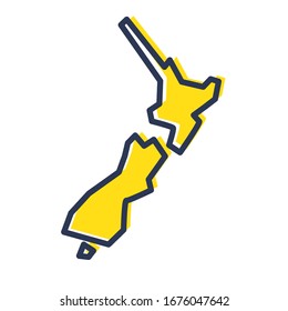 Stylized simple yellow outline map of New Zealand