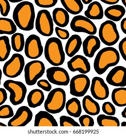 Stylized and simplified black and orange leopard spots. Seamless vector pattern