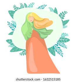 stylized simplified girl. a woman with closed eyes, in a dress wrapped in a scarf or stole. flat style. Stock vector illustration on white isolated background. blue sky frame with leaves of flowers