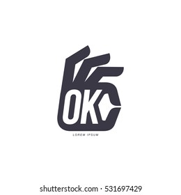 Stylized, simplified hand showing OK sign, logo template, vector illustration isolated on white background. Black and white graphic hand with fingers forming OK sign, corporate logo design