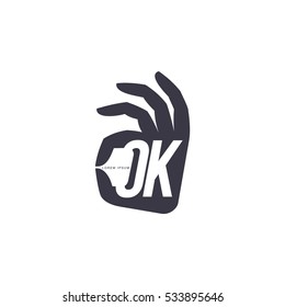Stylized, simplified hand showing OK sign, logo template, vector illustration isolated on white background. Black and white graphic hand with fingers forming OK sign, corporate logo design