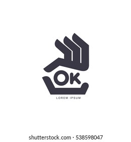 Stylized, simplified hand showing OK sign, logo template, vector illustration isolated on white background. Black and white graphic hand with fingers forming OK sign, corporate logo design