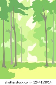 Stylized, simplified image of a spring forest. Vector cartoon flat illustration.