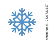Stylized single blue snowflake illustration on a stark White Background in flat graphic style perfect for winter holidays.