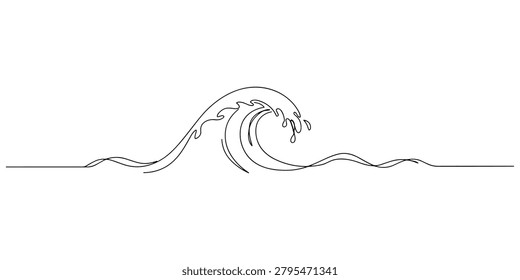 Stylized single line art drawing of a breaking ocean wave with splashes isolated on white
