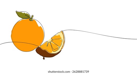 Stylized single line artwork of an orange with a chocolate-dipped slice, blending healthy fruit with indulgent dessert in minimalist style.
