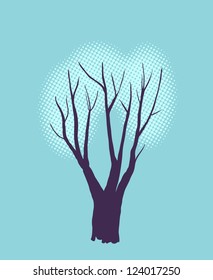 Stylized single tree silhouette on color textured background