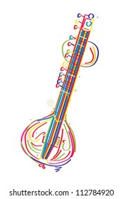 Stylized sitar instrument against white background