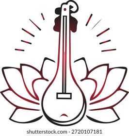 Un instrumento de sitar estilizado que emerge elegantemente de un diseño de flor de loto en flor