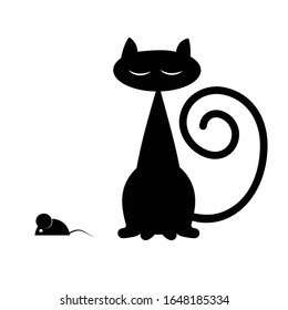 Stylized sitting black cat FAS and mouse profile . Black and white image on a white isolated background. Vector illustration