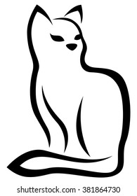 Stylized sitting black cat isolated on the white background, cartoon vector illustration