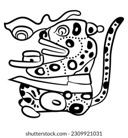 Stylized sitting jaguar. Native American ethnic animal design of Maya Indians. Black and white silhouette.
