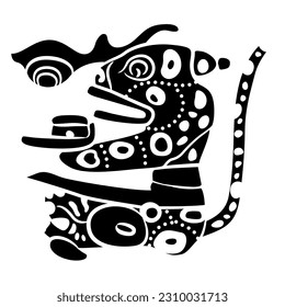Jaguar estilizado. Diseño de animales étnicos nativos americanos de indios mayas. Silueta negativa en blanco y negro.