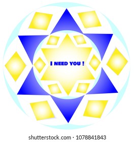 Stylized six-pointed, blue star with less pronounced objects on the edge and message