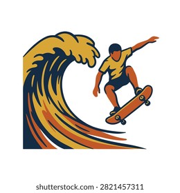 A stylized skateboarder performs a trick near a large wave