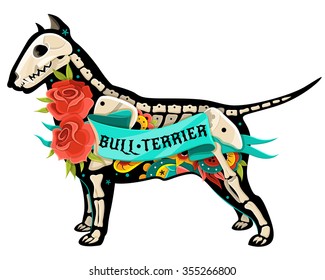 Stylized skeleton Bull Terrier. Vector Bull Terrier. Vector illustration