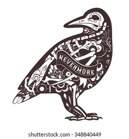 Stylized skeleton Crow. Vector Floral Crow. Vector illustration