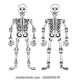 The stylized skeleton is drawn with a black line from the ornament. Symbol. Day of the Dead holiday. Mexico. Isolated image of a tattoo. Template. Silhouette. Circuit. Dia de los Muertos. Vector.
