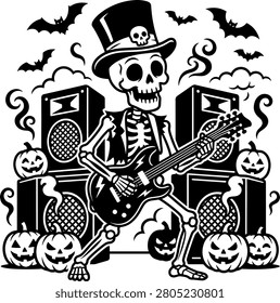 A stylized skeleton rocking out on an electric guitar surrounded by jack-o'-lanterns and bats perfect for spooky event promotions.