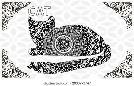 Stylized sketch cat. Hand drawn cartoon animal illustration for antistress coloring book page. Black and white doodle ornate cat for T-shirt emblem, logo or tattoo. Zen art, isolated design element