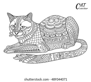 Stylized sketch cat. Hand drawn cartoon animal illustration for antistress coloring book page. Black and white doodle ornate cat for T-shirt emblem, logo or tattoo. Zen art, isolated design element