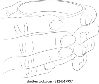 A stylized sketch drawn with lines of varying thickness. A cup of coffee in the hands of a woman close-up. Vector illustration.
