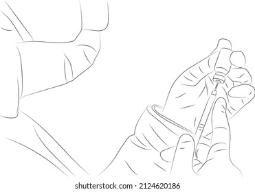 A stylized sketch drawn with lines of varying thickness. A doctor in a protective mask collects a vaccine from a vial into a syringe for vaccination. Vector illustration.