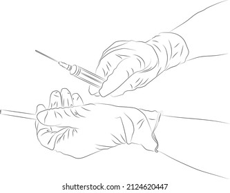 A stylized sketch drawn with lines of varying thickness. The doctor removes the cap from the needle of the syringe for the vaccine kit. Vaccination against Covid. Vector illustration.