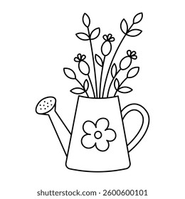 A stylized sketch of flowers in a watering can. Minimalist and charming outline design for decorative projects.