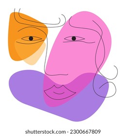 stylized sketch of a human face with abstract shapes in purple, orange, yellow and pink 