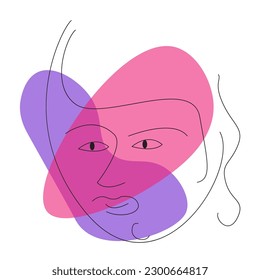 stylized sketch of a human face with two abstract shapes in purple and pink 