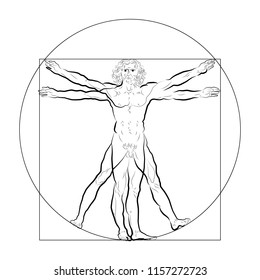 Stylized sketch of the Vitruvian man or Leonardo's man. Homo vitruviano vector illustration based on Leonardo da Vinci artwork