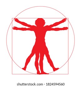 Stylized sketch of the Vitruvian man or Leonardo's man. Homo vitruviano vector illustration based on Leonardo da Vinci artwork red color