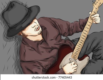 Stylized sketchy illustration of a man playing a guitar.