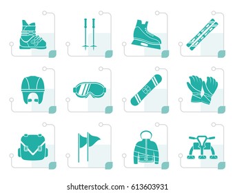 Stylized ski and snowboard equipment icons - vector icon set