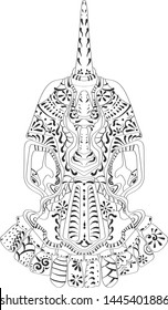 Stylized skull with big teeth and horns. Vector illustration. Symbol, emblem, tattoo.