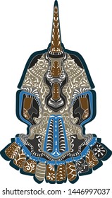 Stylized skull with big teeth and horns. Vector illustration. Symbol, emblem, tattoo.